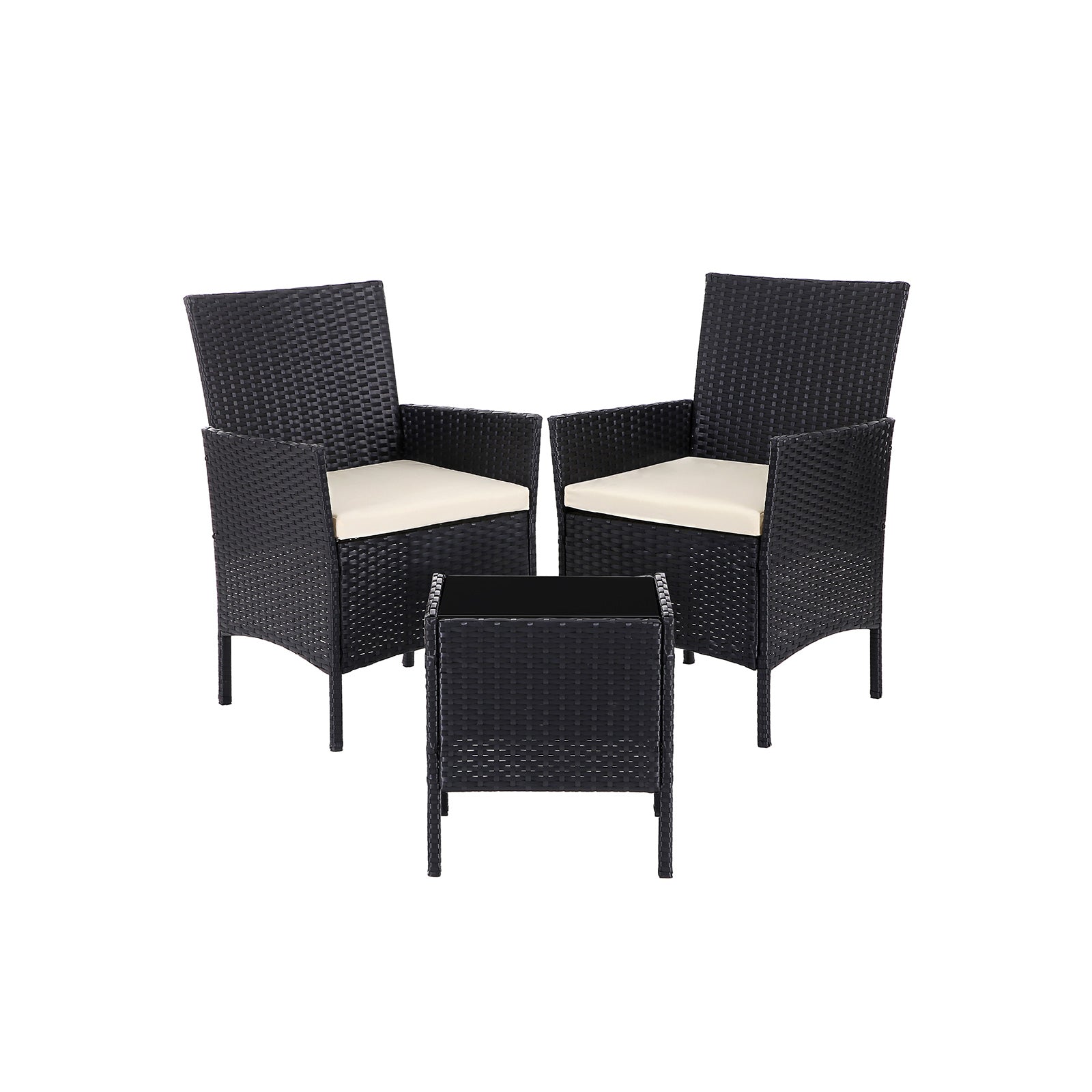 Gartenmöbelset - Loungeset - Rattan -Look - 2 Stühle und Glas Tisch - Schwarz