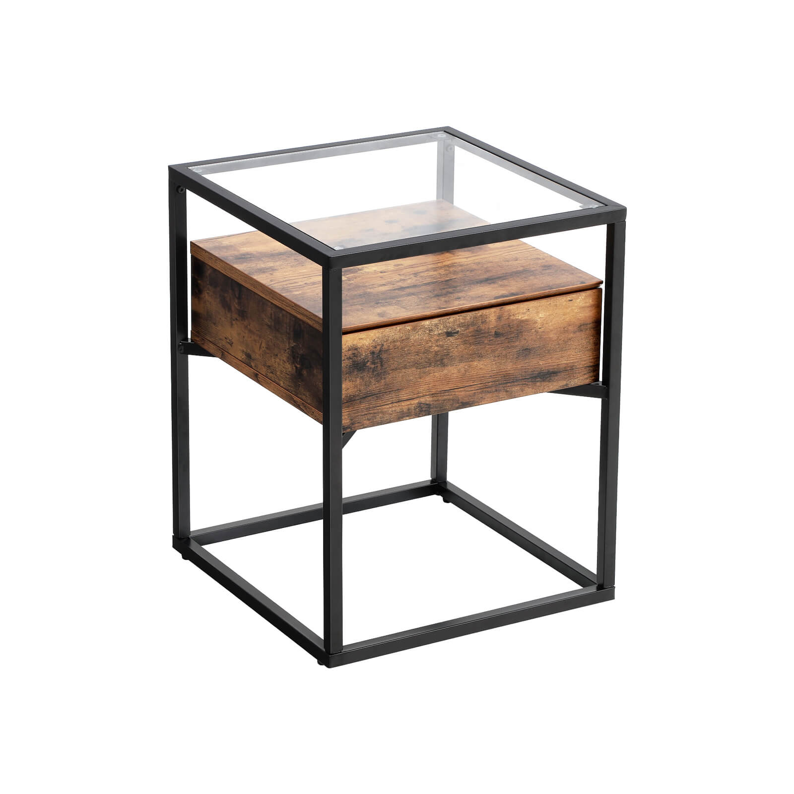 Nachttisch - Beistelltisch mit Glas und Schubladen - Vintage -Design - braun/schwarz