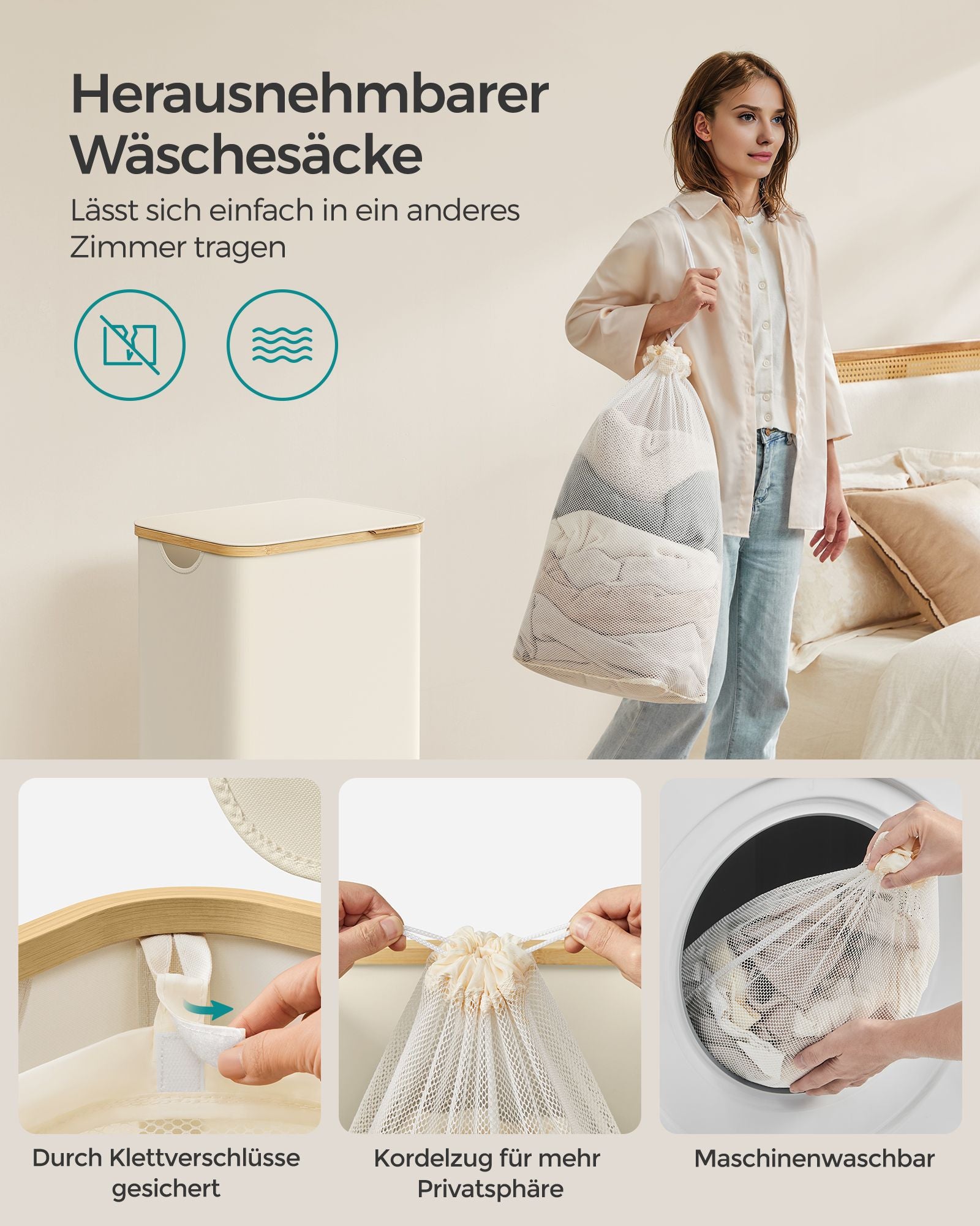 Wäschereikorb 90 Liter mit abnehmbarer Wäschebeutelcreme weiß