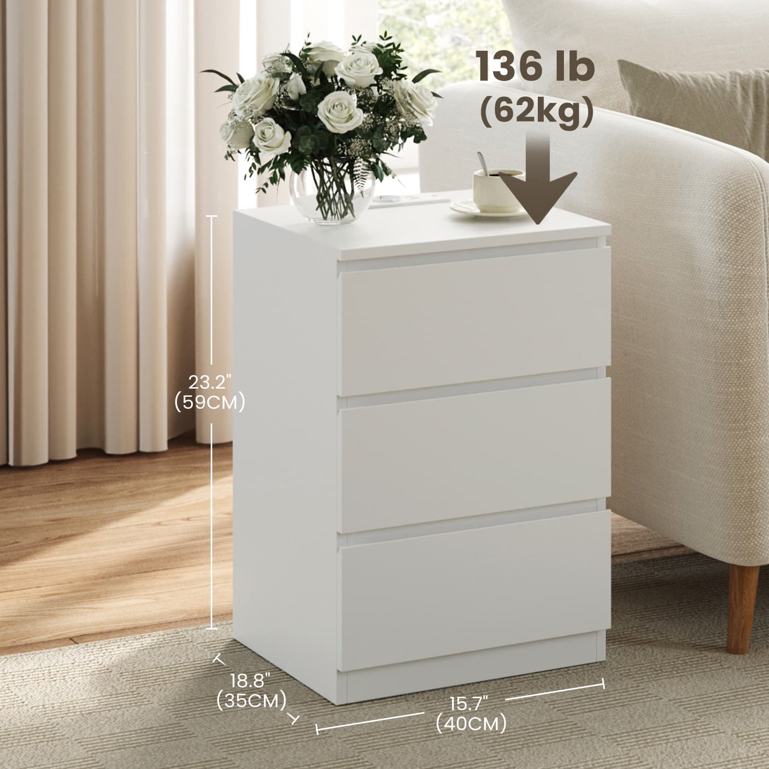 Seitentisch - mit 2 Sockets, Wolkwit, ideal für Schlafzimmer