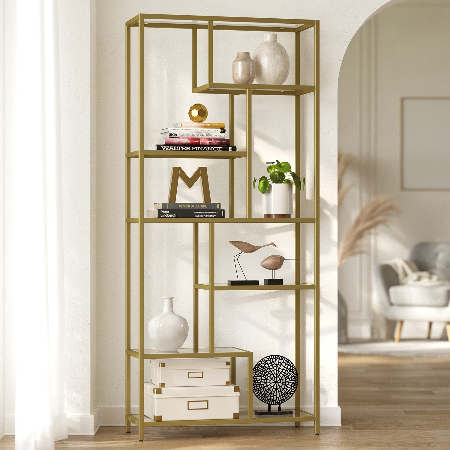 Bücherregal mit 6 Levels, Planke mit Schutzhütten aus geschmittertem Glas, stehendem Gleitbrett