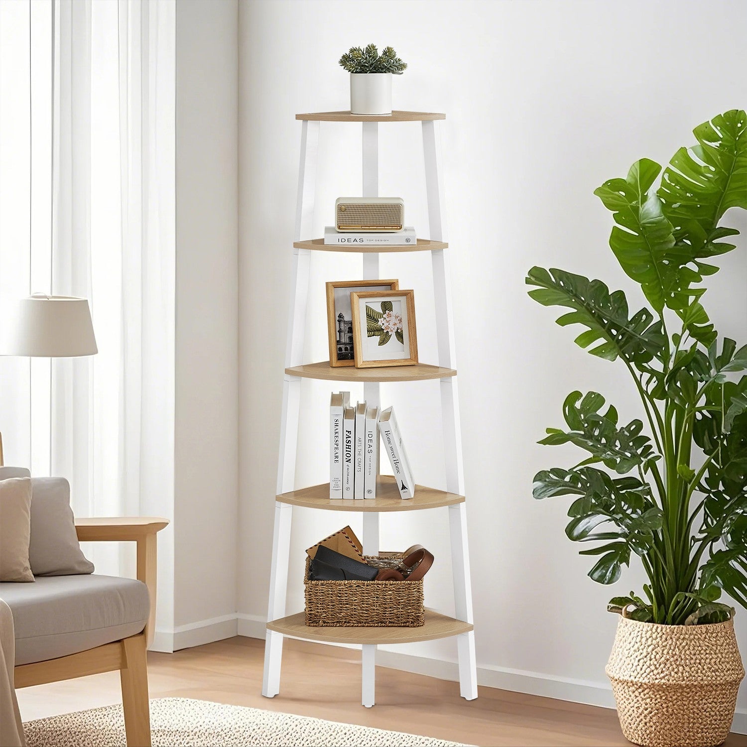 Bücherregal mit 5 Schichten - industrielles Design, natürliche Eiche und mattes Weiß