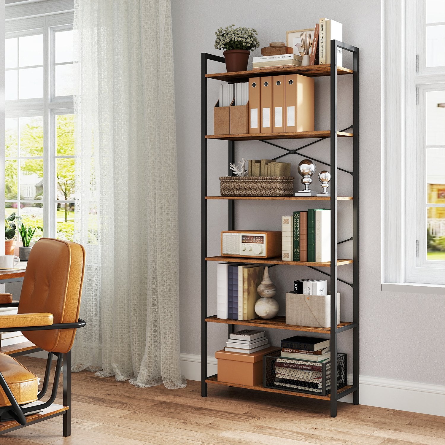 Bücherregal 6 Levels, Stehplanke mit Stahlrahmen, freistehende Brett