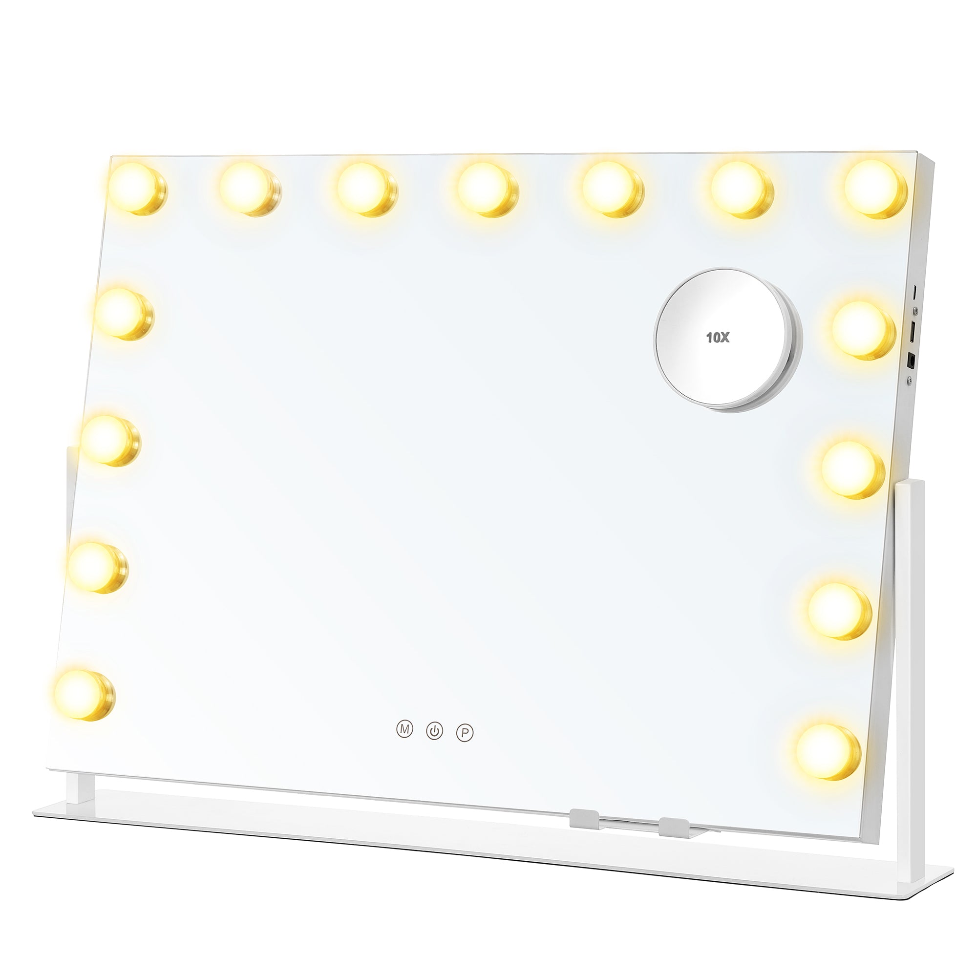 Make-up-Spiegel mit LED-Beleuchtung, Berührungssteuerung, 15 LED-Lampen, mit Ladeanschlüssen, 10-fach-Vergrößerungsspiegel, 3 Lichtfarben, dimmbarer, Mobilfunkhalter, Matt White LWM001W02