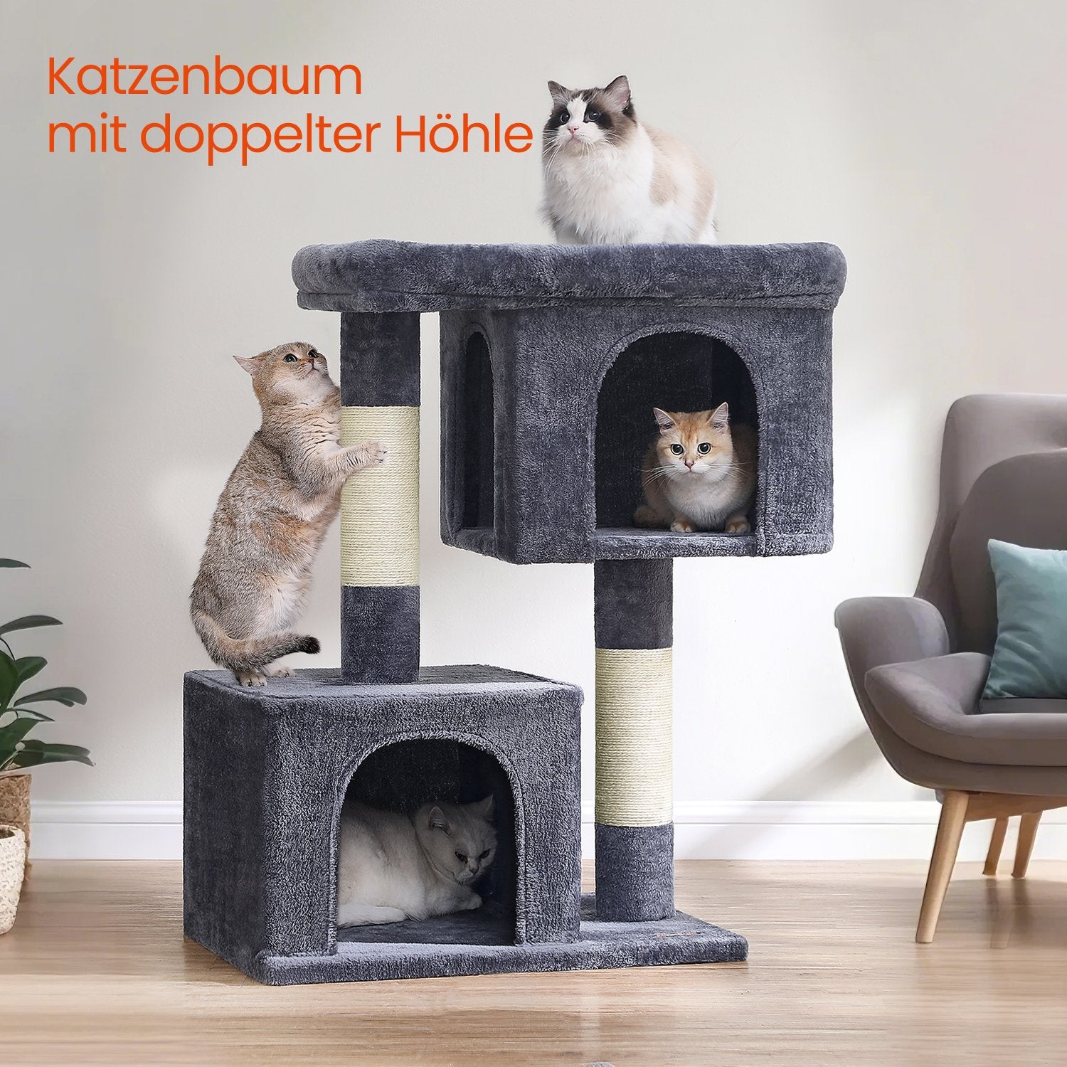Kratzbaum 101 cm hoch – große Plattform