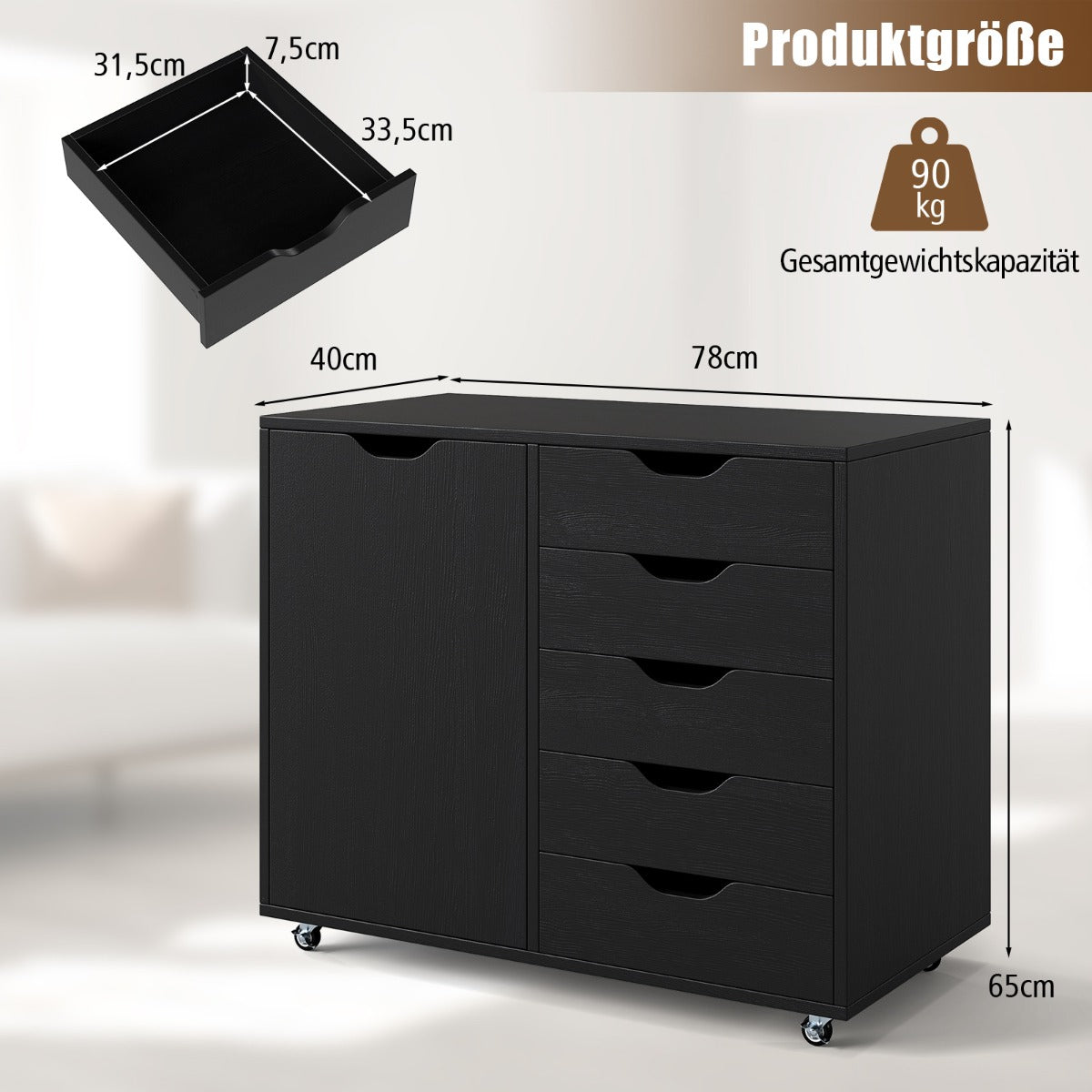 Rullbehållare – med lådor mobilt arkivskåp dörr – 5 79 x 39 x 65 cm – Svart
