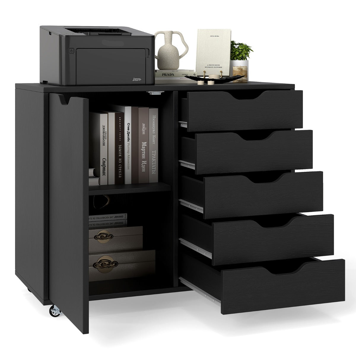 Rullbehållare – med lådor mobilt arkivskåp dörr – 5 79 x 39 x 65 cm – Svart