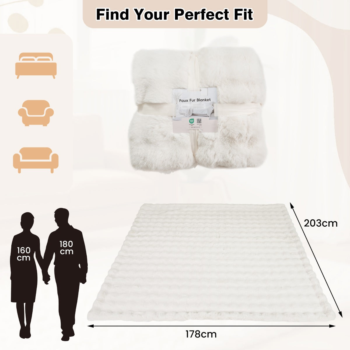 Lyxig – Konstpälsfilt Fluffig Plysch Kaninpäls Bubbel – 178 x 203 cm – Beige