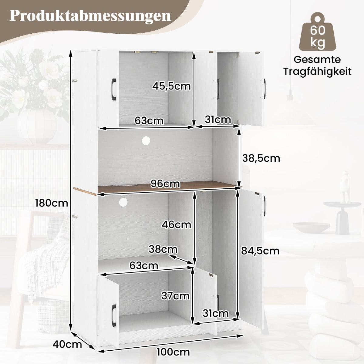 Bufféskåp – med uttag och mikrovågsställ, köksskåp i trä – Vit