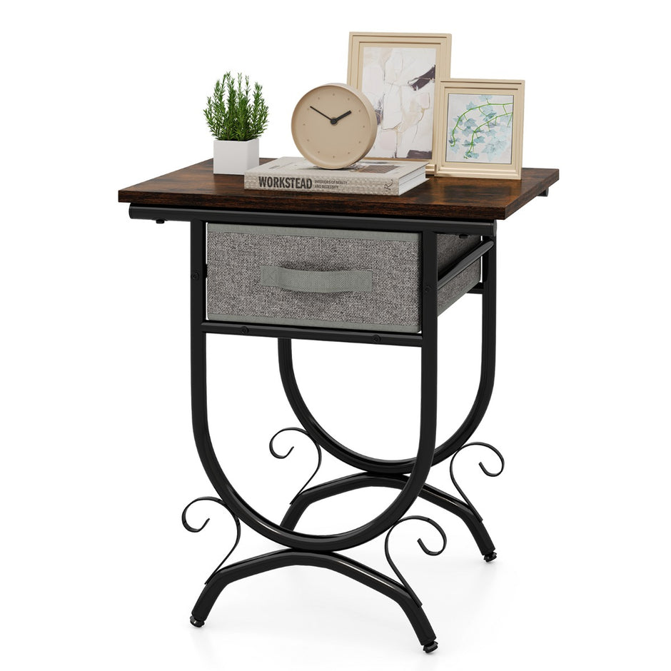 Nattduksbord – med tyglåda Sidobord metallram Soffbord Nattkommod – 48 x 35 x 53 cm – Brun