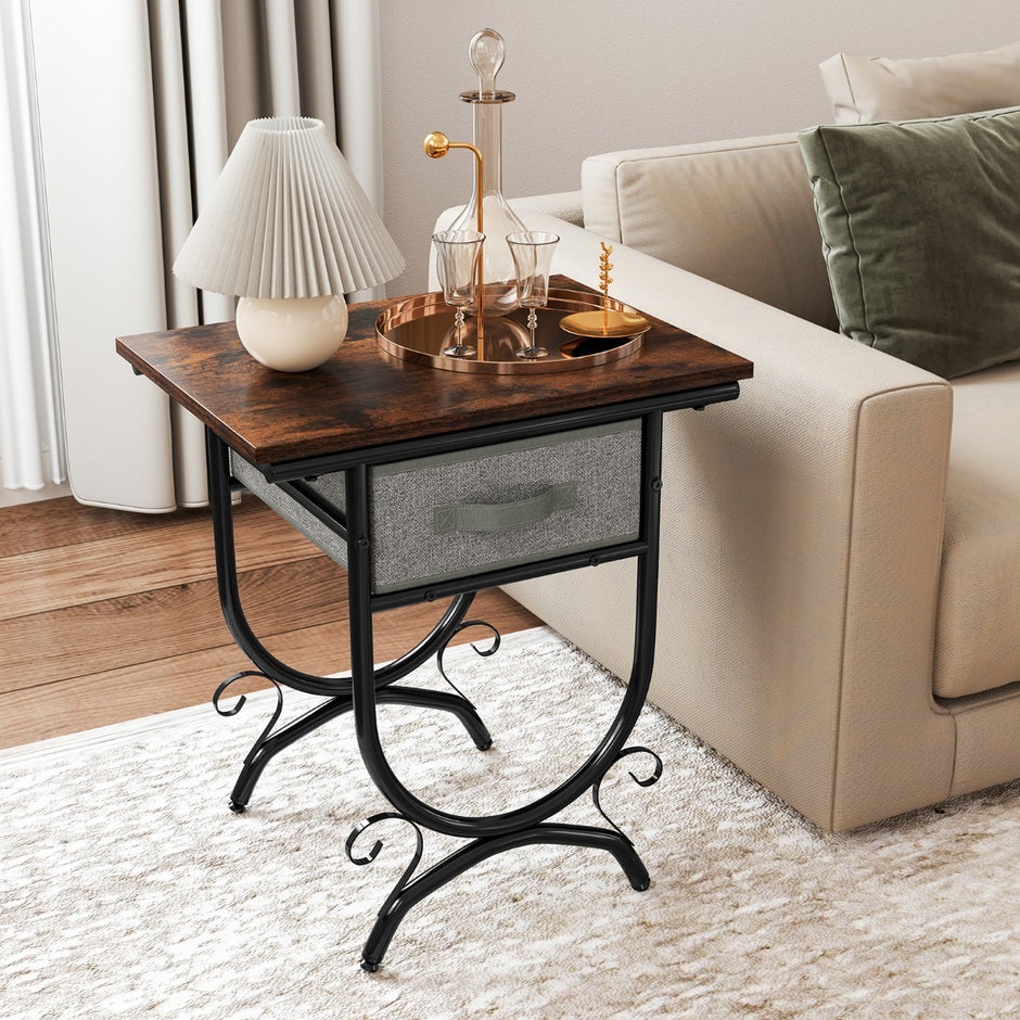 Nattduksbord – med tyglåda Sidobord metallram Soffbord Nattkommod – 48 x 35 x 53 cm – Brun