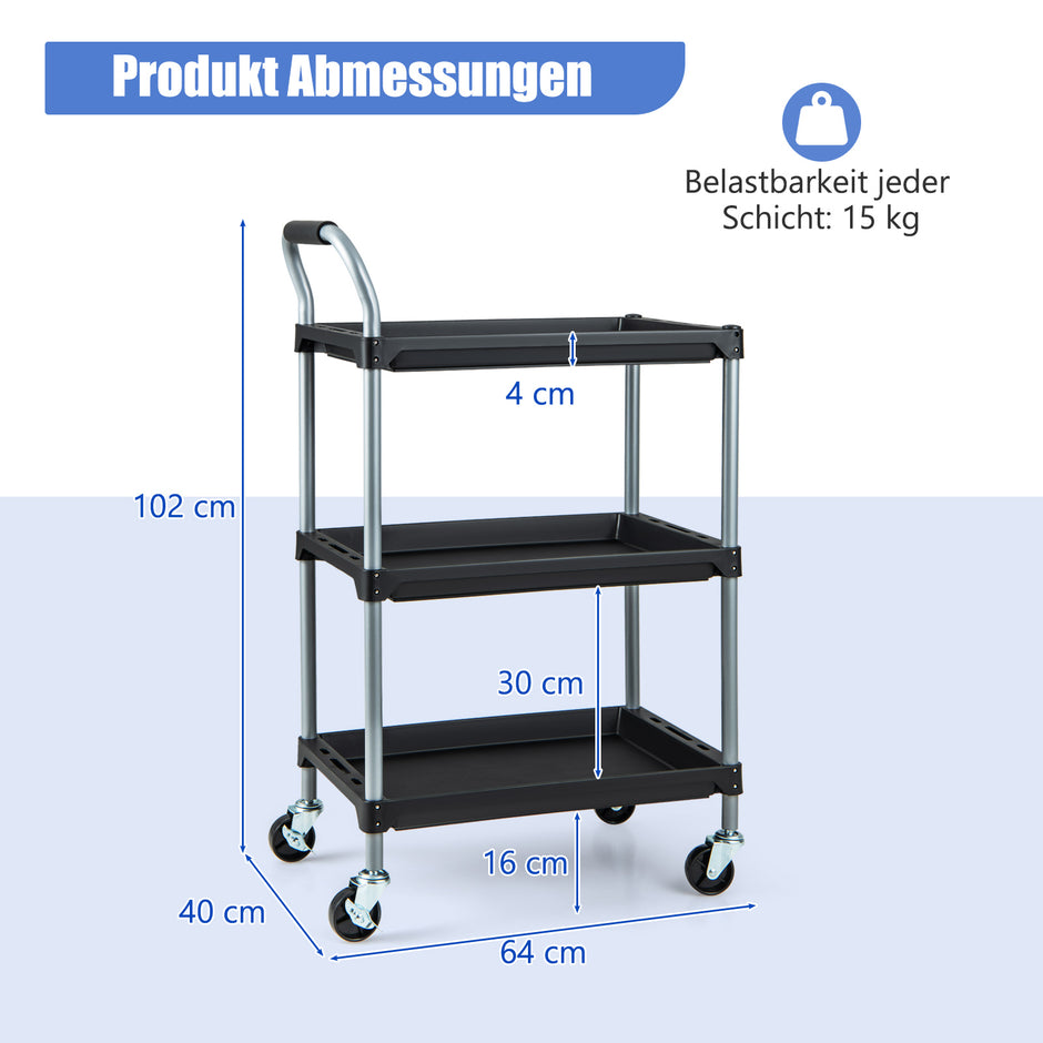 Rullvagn – verkstadsvagn med våningar mobil verktygsvagn vadderat handtag och hjul – 3 64 x 40 x 102 cm – Svart