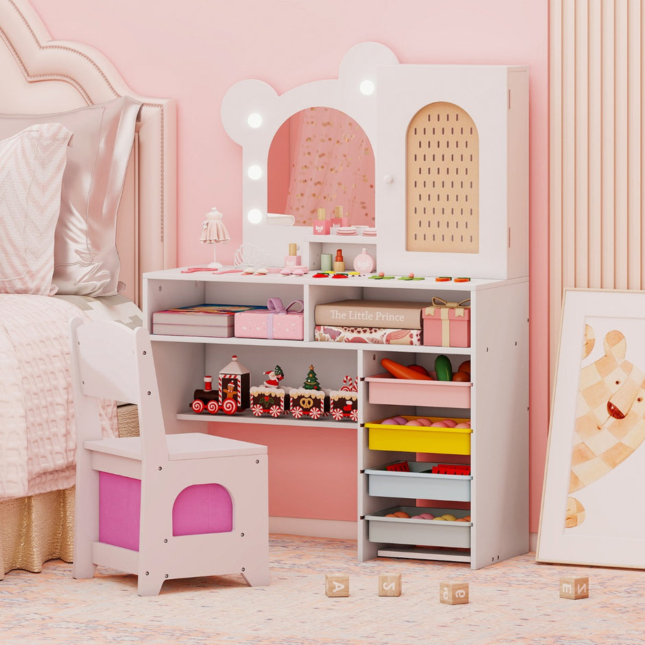 Barnsminkbord – med belysning Prinsessansminkbord och stolsset lådor fack Vitt – 5 2 – Vit