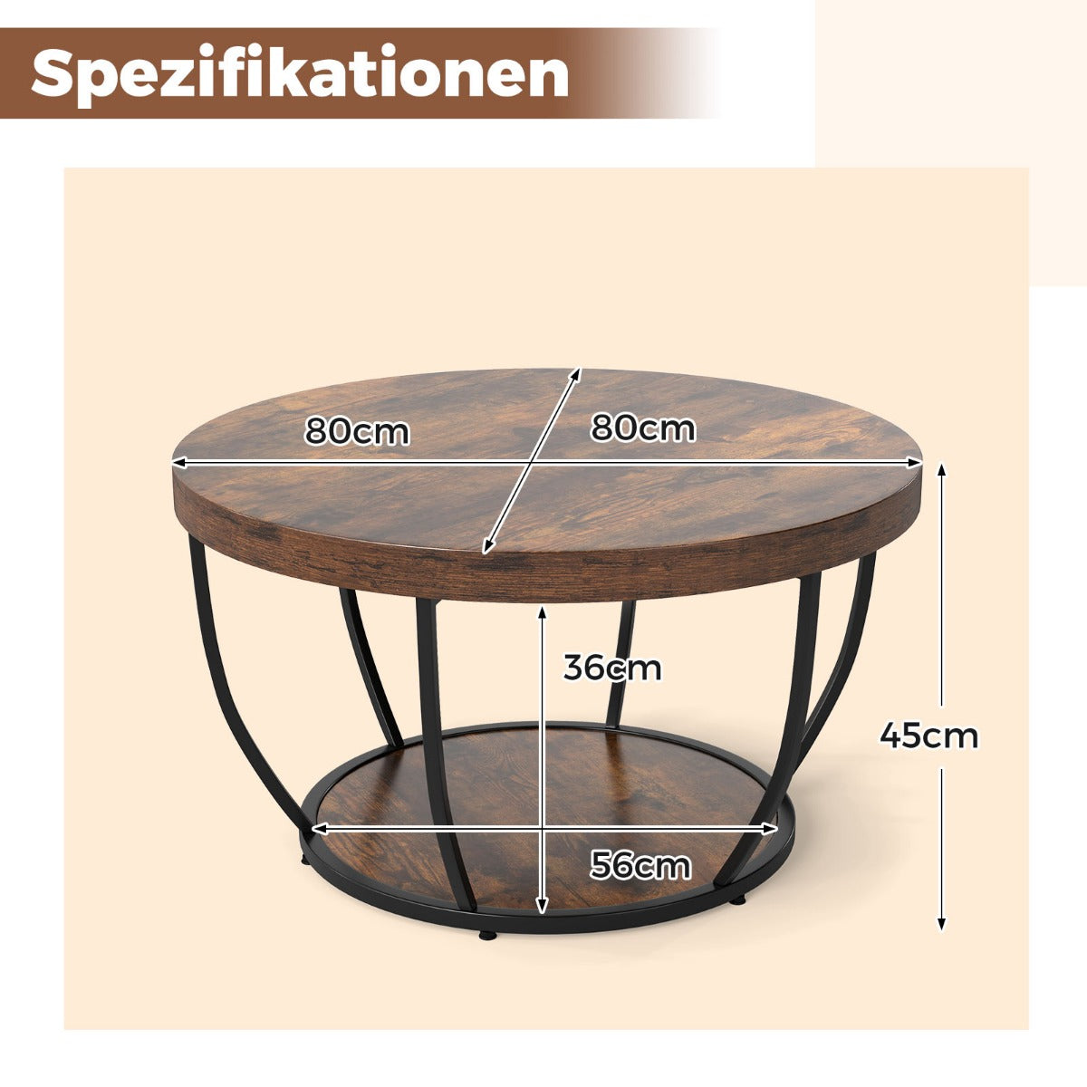 Rund – soffbord i trä med nivåer och metallram, vardagsrumsbord, kaffebord, rustik brunt – 2 – Rustik brun