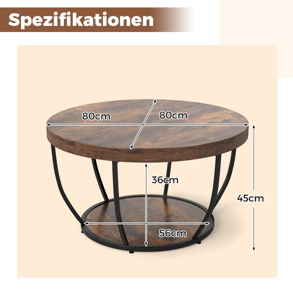 Rund – soffbord i trä med nivåer och metallram, vardagsrumsbord, kaffebord, rustik brunt – 2 – Rustik brun
