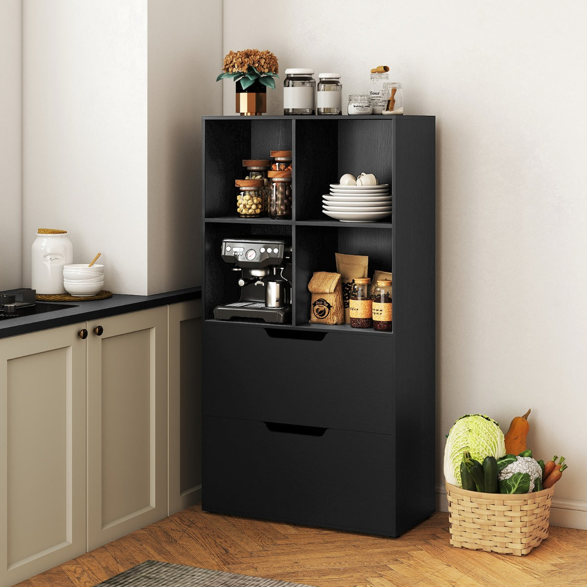 Kub – Bokhylla med Låda steg fristående – 4 2 130 cm 5 – Svart