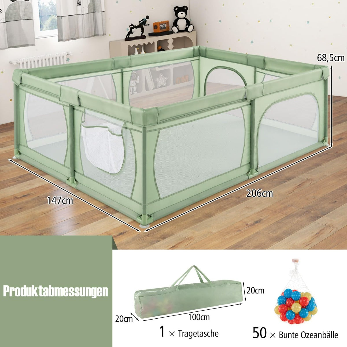 Löpgaller – Baby Löppall Med Bollarna och Dörrar Andningsaktivt Nät Löpgallstält – 50 2 205 x 147 Cm – Grön