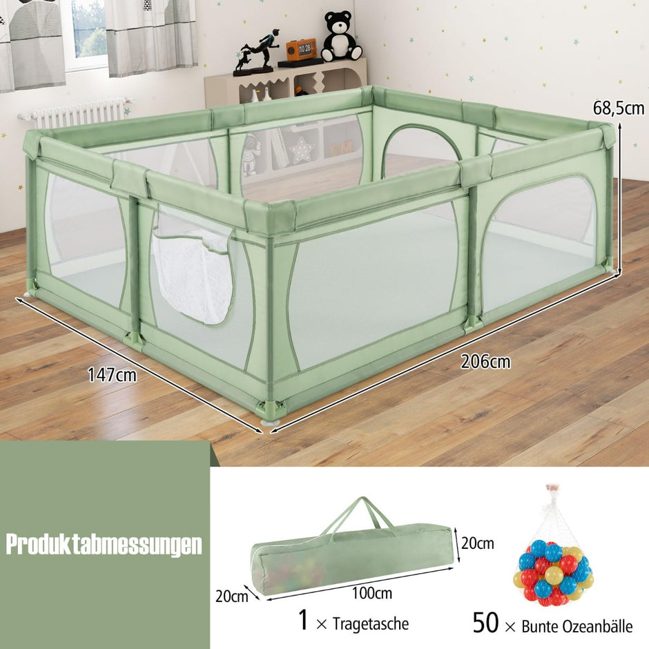 Löpgaller – Baby Löppall Med Bollarna och Dörrar Andningsaktivt Nät Löpgallstält – 50 2 205 x 147 Cm – Grön