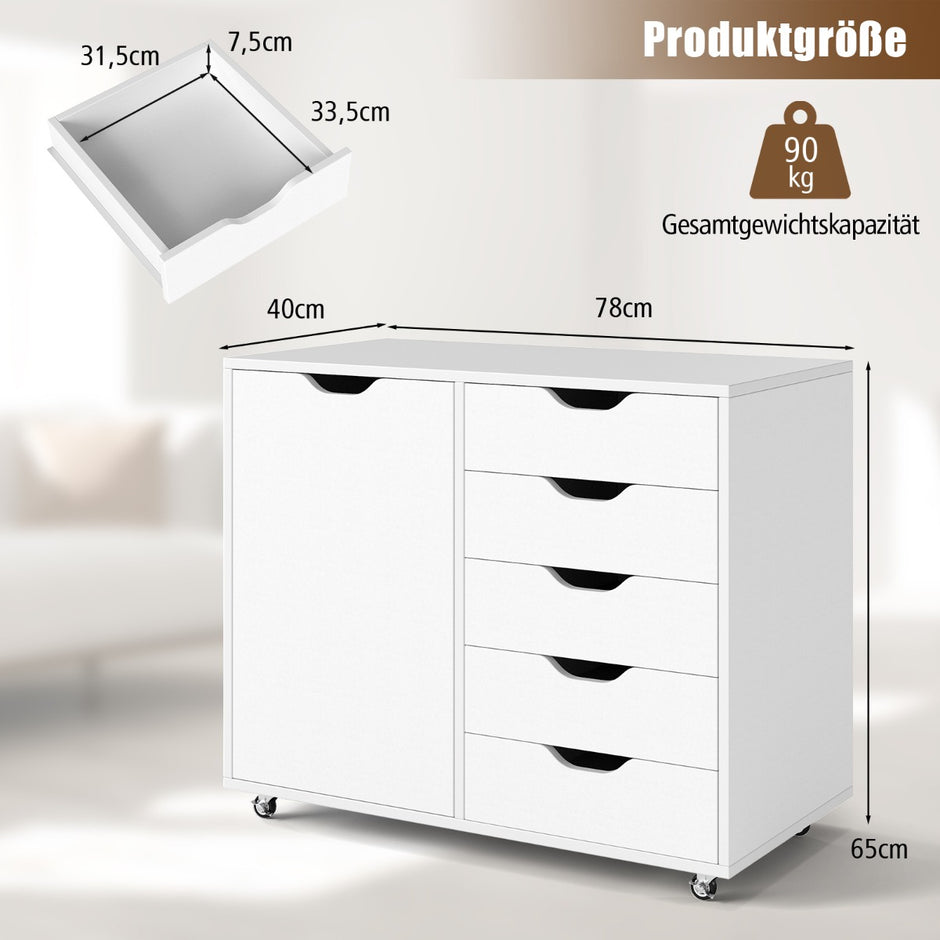 lådor – mobilt sidoskåp lateralt arkivskåp med hjul – 5 79 x 39 x 65 cm – Vit