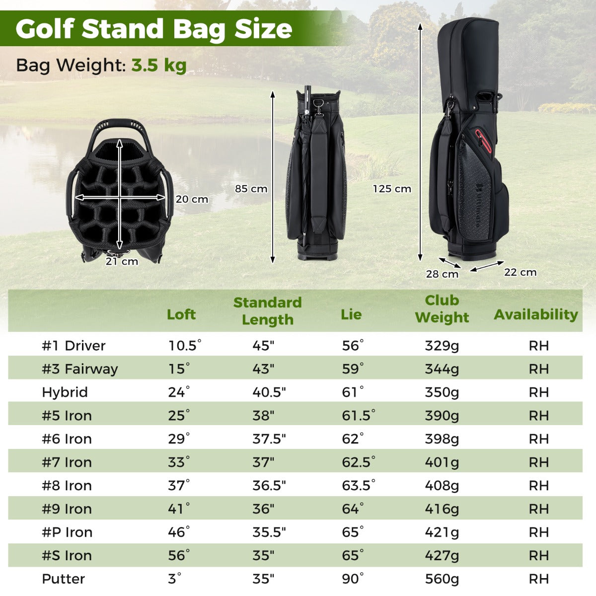 Del – Golfklubba Set för Högerhänt med Golfväska Caddy Bag – 11 – Svart
