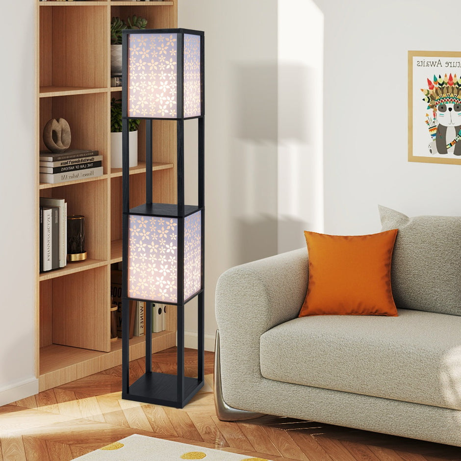 lågig – golvlampa med hyllor utskurna lampskärmar blommönster – 2 2 2 – Svart