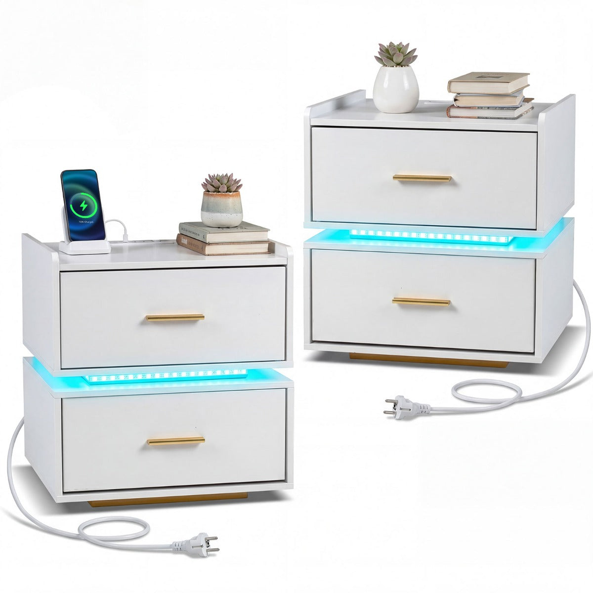 pack – nattbord med laddstation, LED och lådor modernt halvhängande, vitt – 2 2 – Vit