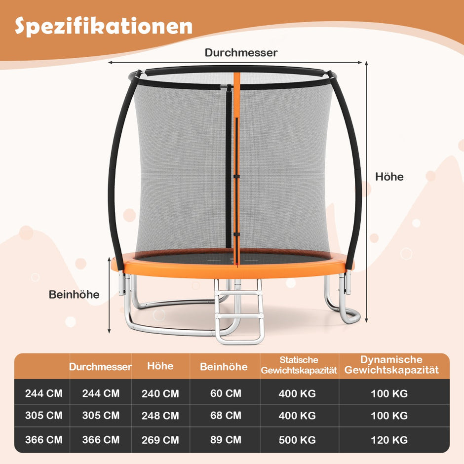 Utomhustrampolin – med stege, runt trädgårdstrampolin säkerhetsnät – Ø 244 cm – Orange