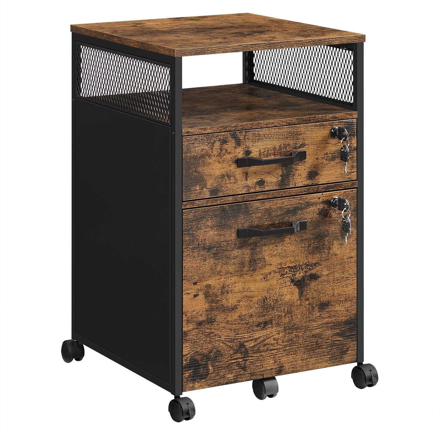 Archivschrank - Büroschrank - mit 2 Schubladen und Schloss - Holzlook - Brown