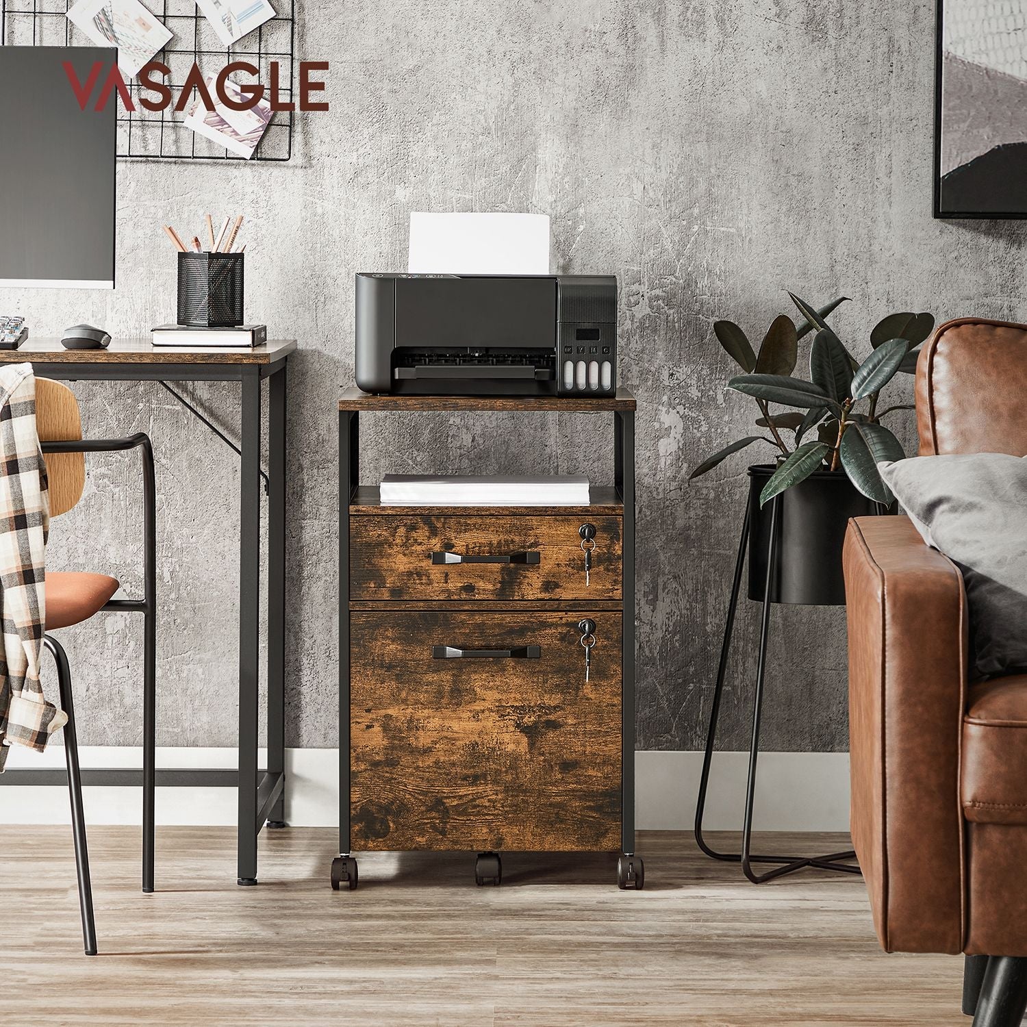 Archivschrank - Büroschrank - mit 2 Schubladen und Schloss - Holzlook - Brown