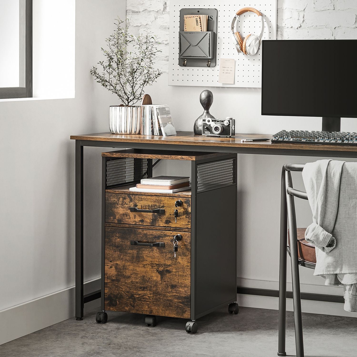 Archivschrank - Büroschrank - mit 2 Schubladen und Schloss - Holzlook - Brown