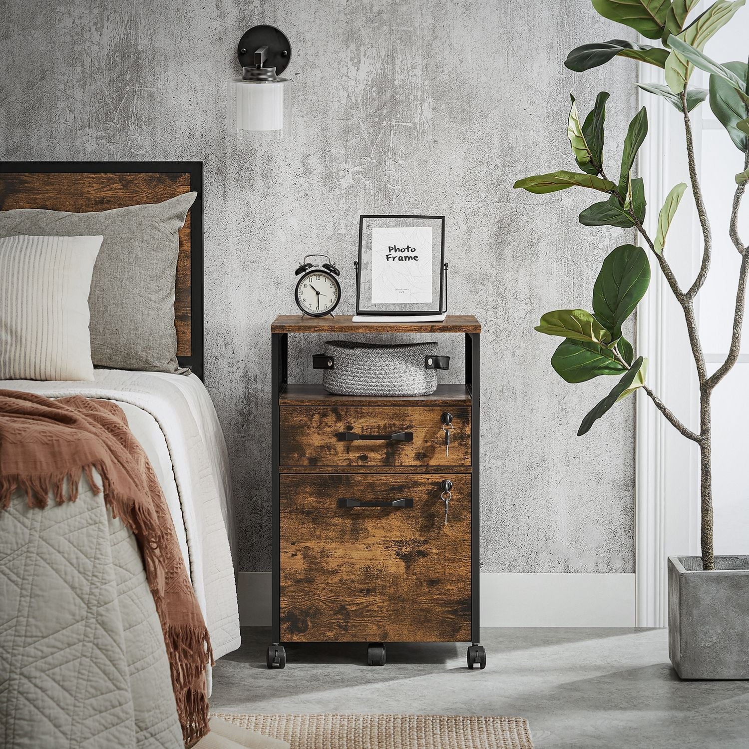 Archivschrank - Büroschrank - mit 2 Schubladen und Schloss - Holzlook - Brown