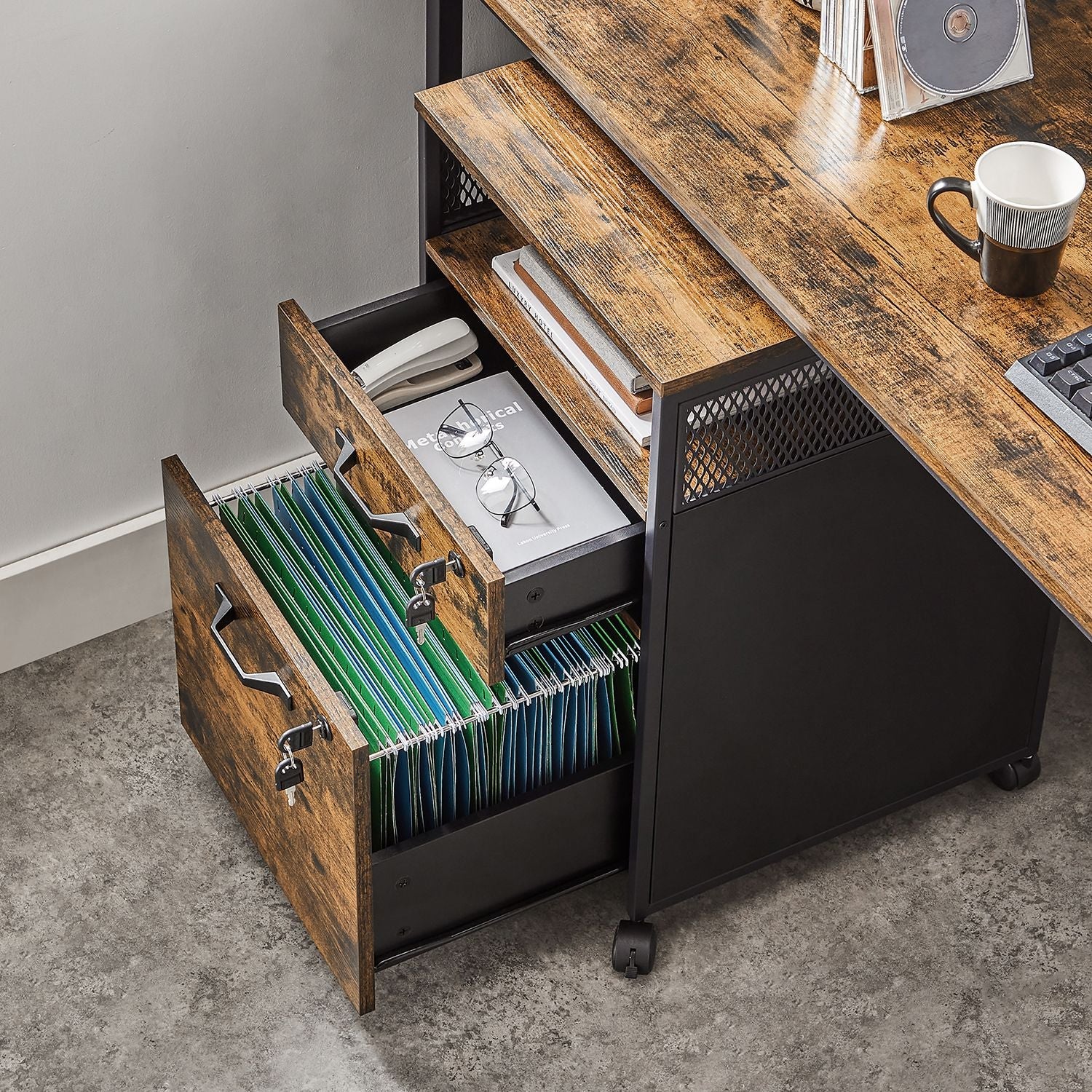 Archivschrank - Büroschrank - mit 2 Schubladen und Schloss - Holzlook - Brown