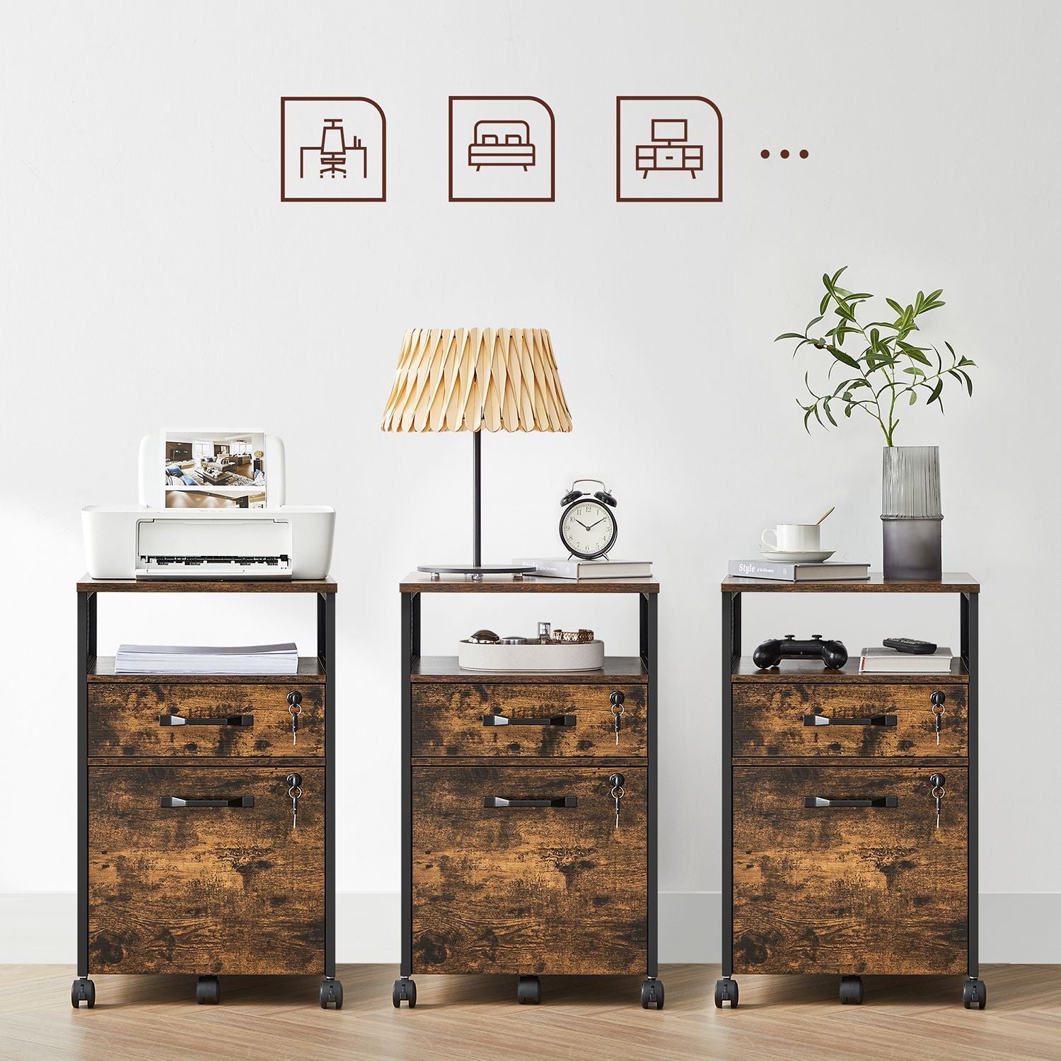 Archivschrank - Büroschrank - mit 2 Schubladen und Schloss - Holzlook - Brown