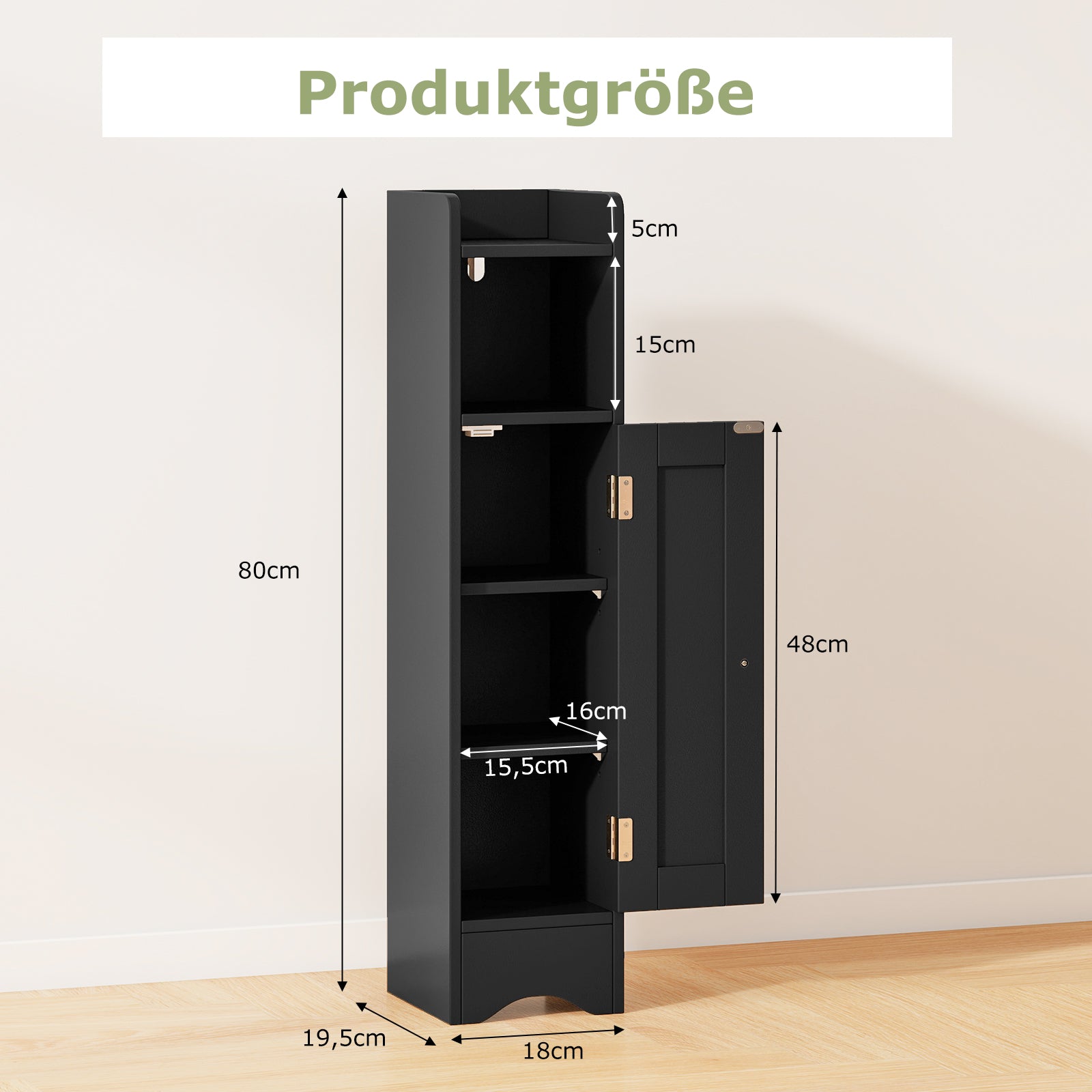 Smalt – toalettsskåp med öppen hylla och justerbara hyllor badskåp – 2 – Svart