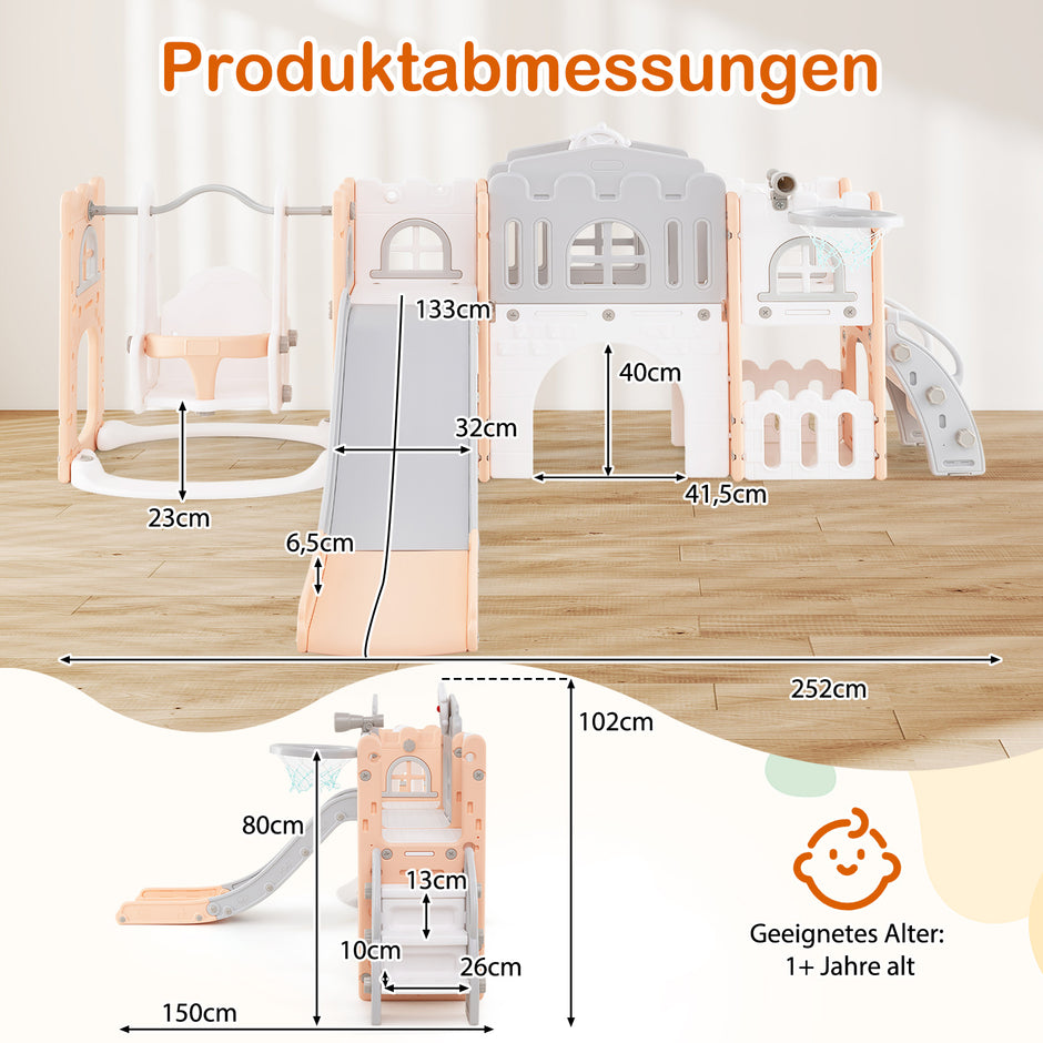 Barnrutschkana – med klätterställning och gungställning Rutschkans set gunga Basketkorg Teleskoprat Grey + – Rosa
