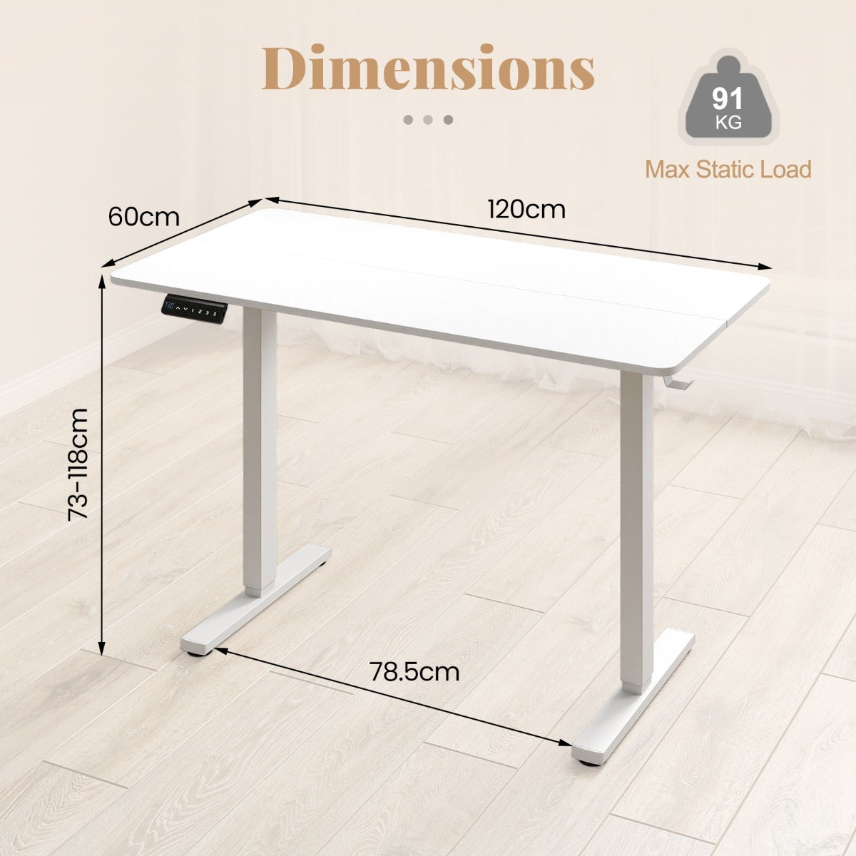Höjjusterbart – Skrivbord med Krok Elektriskt – 120 x 60 cm – Vit