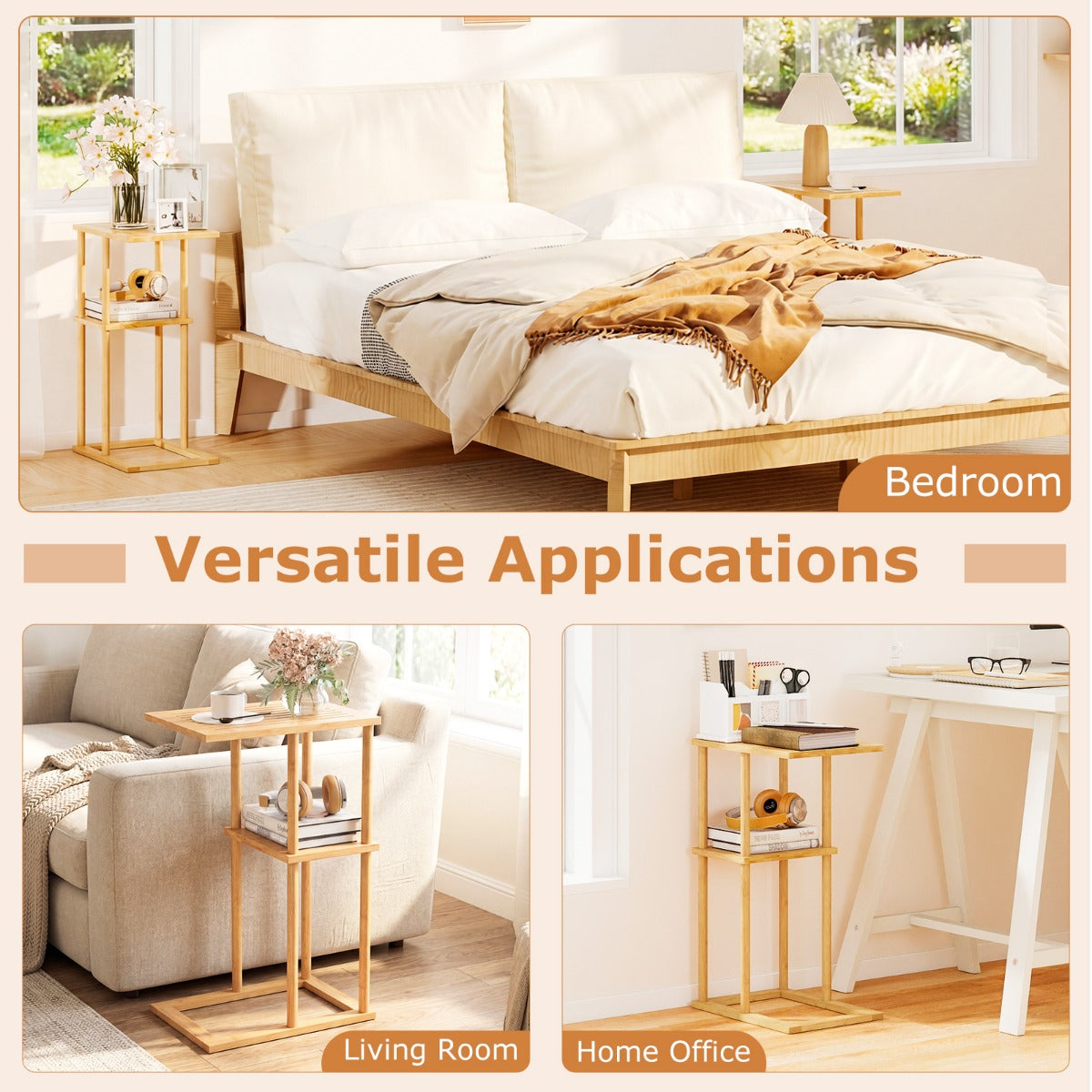 pack – sidobord Smalt nattduksbord Rektangulärt soffbord C form Bambu – 2 – Natur
