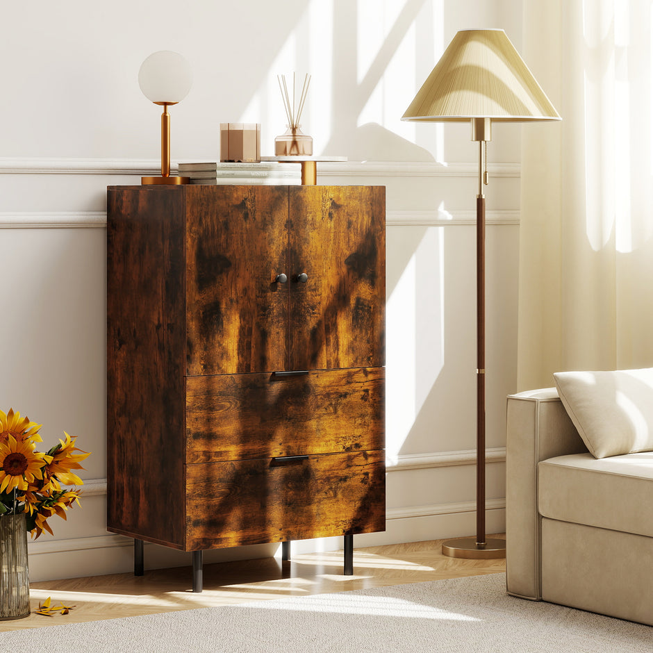 Sidoard – i trä med metallben, bufféskåp, serveringsskåp lådor och dörrar, – 60 x 41,5 x 102 cm – Kaffe