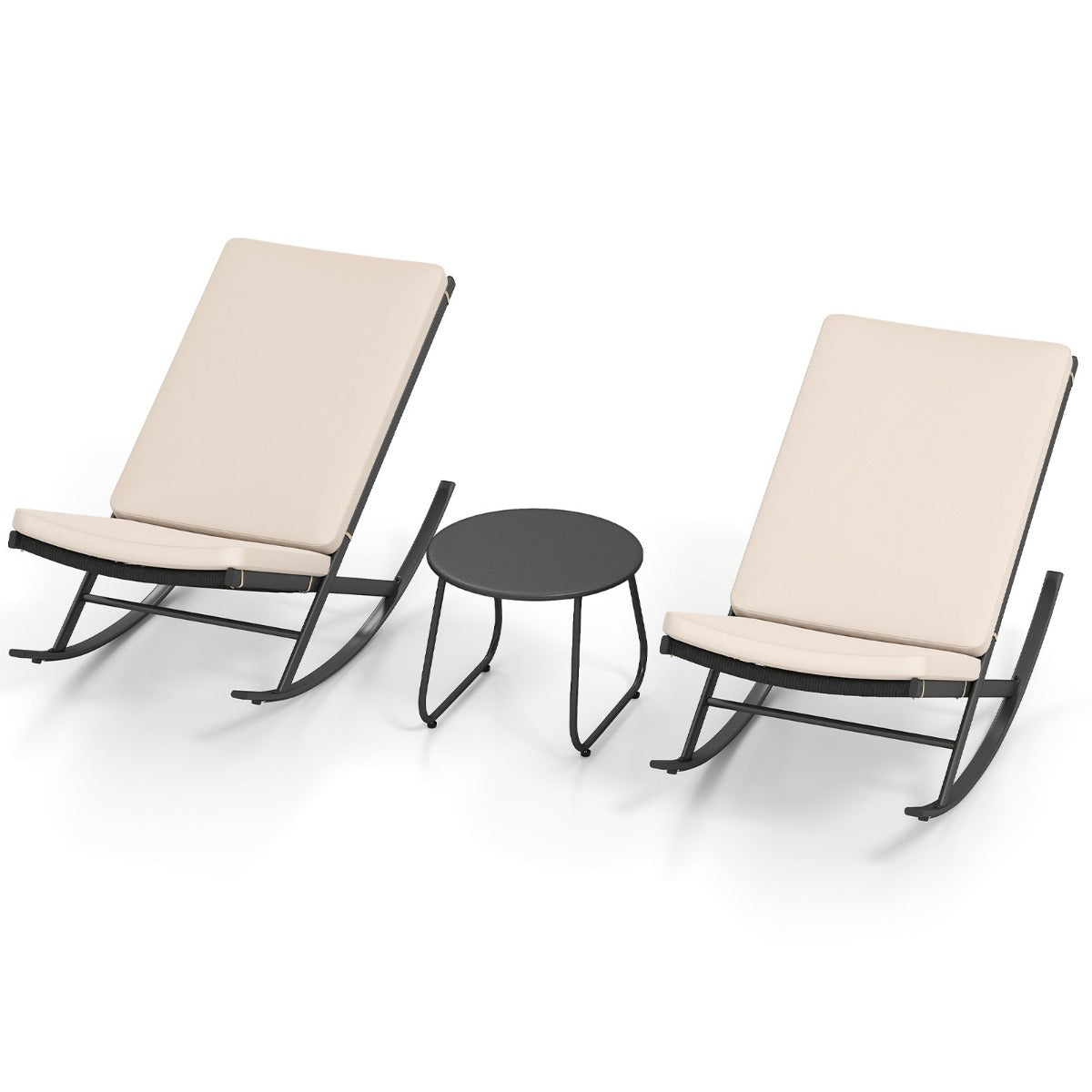 delat – svängande bistro set PE rattanstolar med metallsoffbord och tjocka kuddar trädgårdsmöbel – 3 – Beige