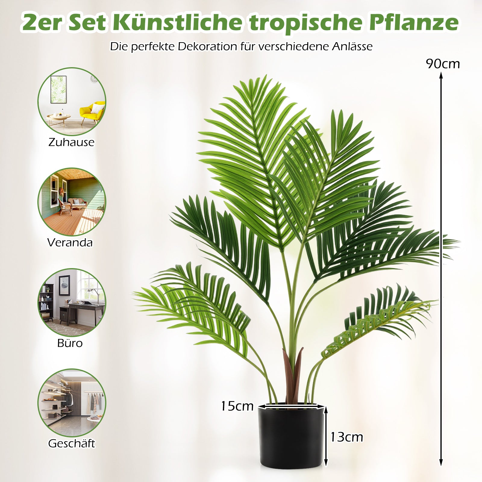 pack – Konstgjord Areca Palm Konstväxt i kruka med gröna blad – 2 90 cm – Grön