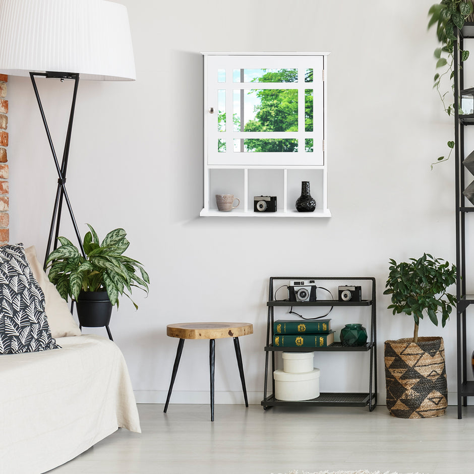 Väggskåp – med justerbar hylla och öppna fack Spegelskåp – 50 x 16 x 61 cm – Vit
