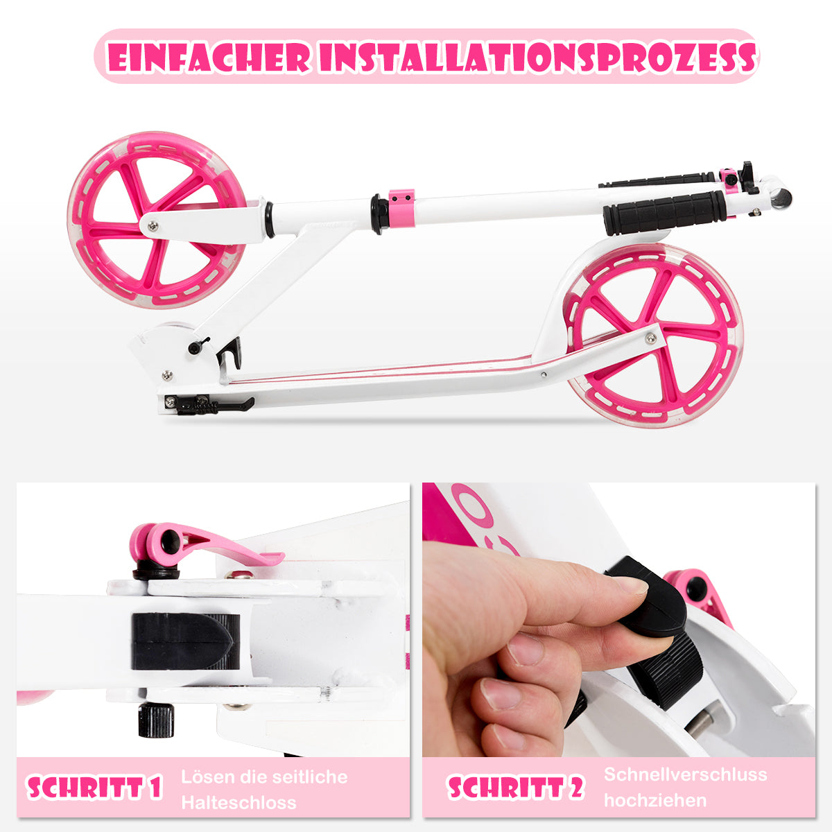 Scooter – Roller hopfällbar höjdjusterbar lastkapacitet med LED hjul – 100 kg 2 – Rosa