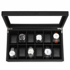 Watchbox - Große Uhrenbox mit 12 Fächern und Glasdeckel - Schwarz