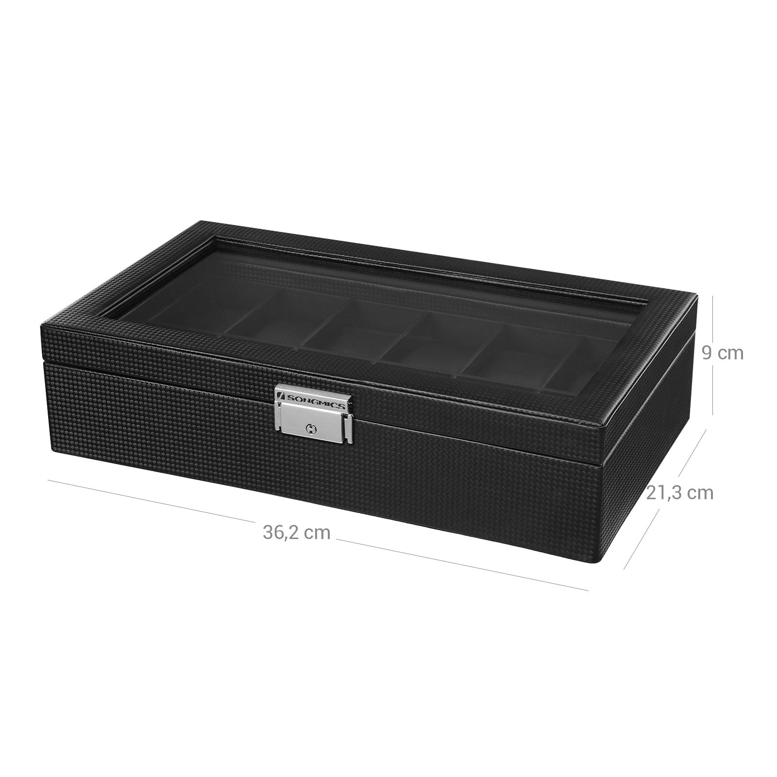 Watchbox - Große Uhrenbox mit 12 Fächern und Glasdeckel - Schwarz