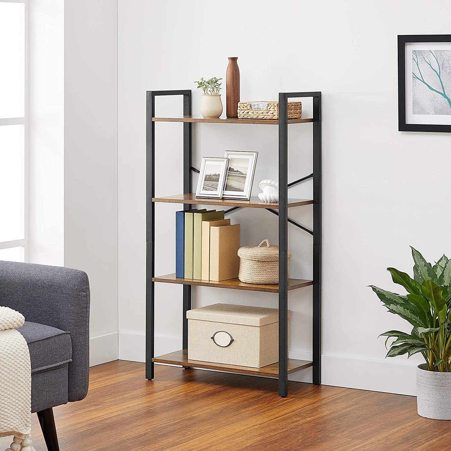Bücherregal - 4 Level - Lagerregal mit Stahlrahmen - 120 cm hoch - braun/schwarz