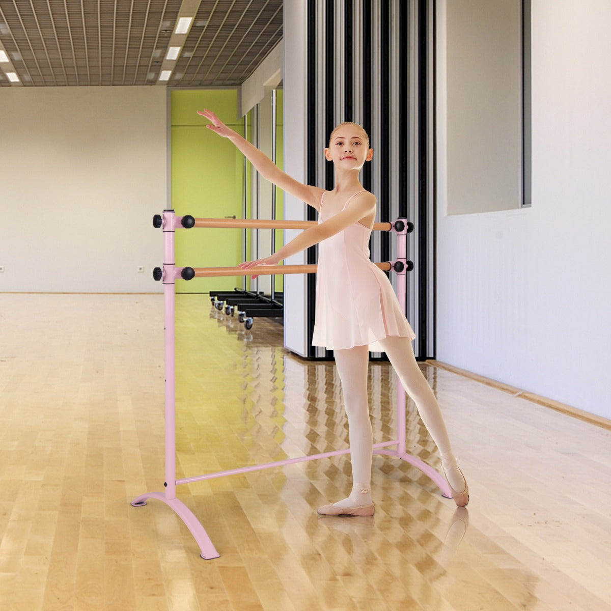 Fristående – balettstång Ballet Bar steg höj och sänkbar med trästänger – 4 2 120 cm – Rosa