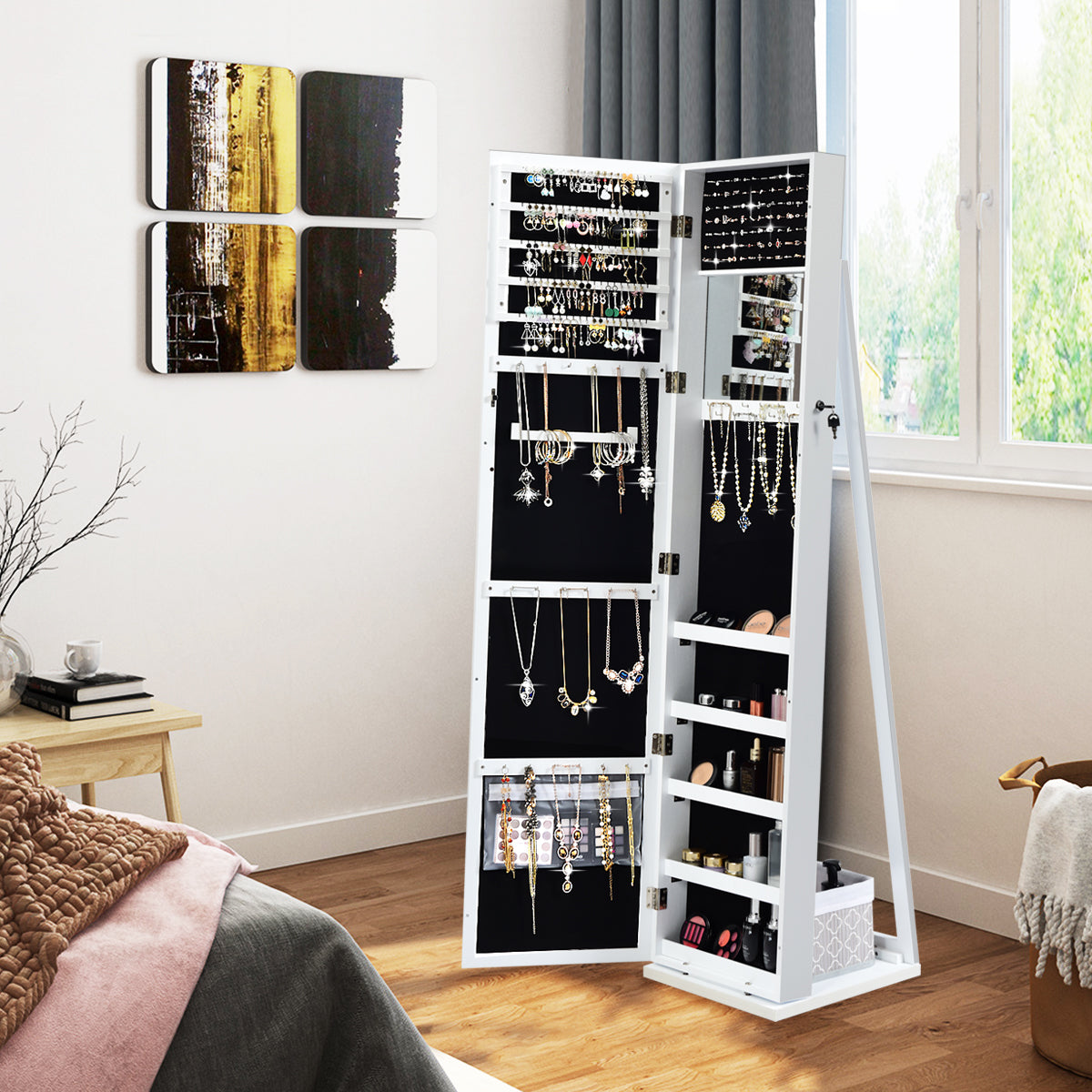 i – stort och låsbart smyckesskåp med fullängdsspegel Fristående smyckesställ – 2 1 – Vit