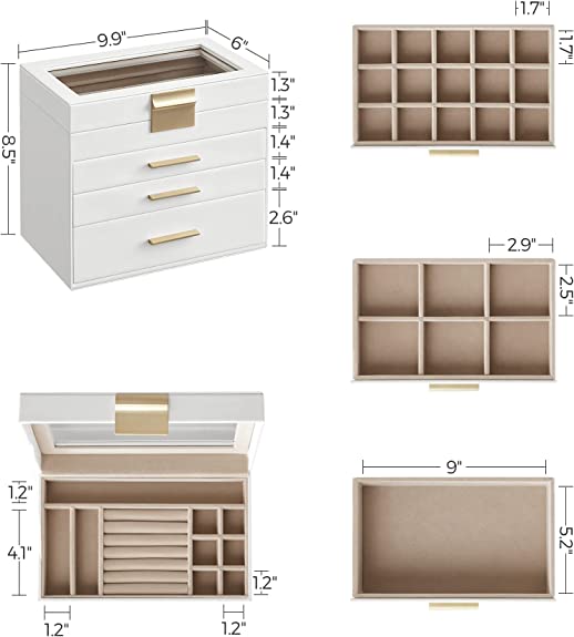 Schmuckschachtel - Schmuckschachtel - mit 4 Levels - mit Glasdeckel - 3 Schubladen - Weiß