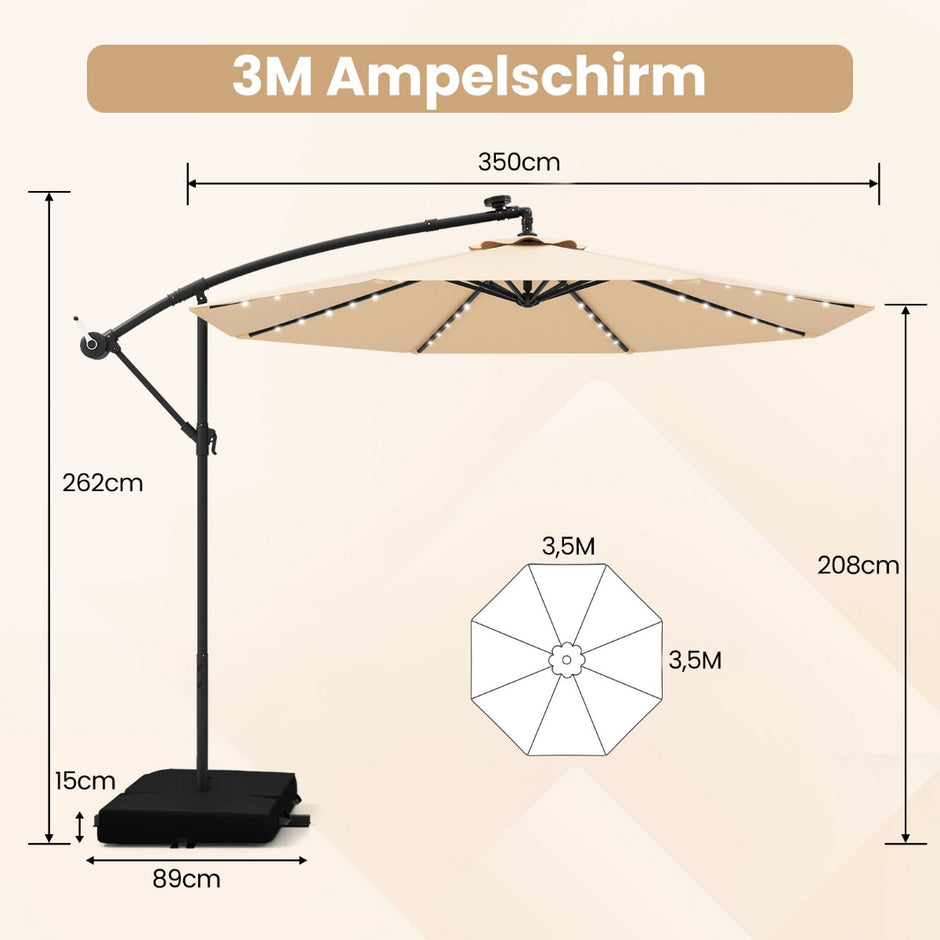 Vinkelsolparasoll – med Sol LED lampor och Sandsäckar Vev UV skydd – 40 Ø 350 cm – Beige