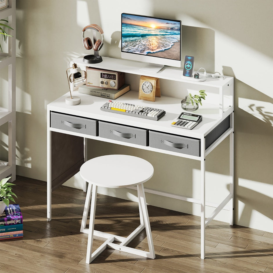 Datorbord – med Utgångar Sminkbord och Pall Set Monitorsupport – Vit